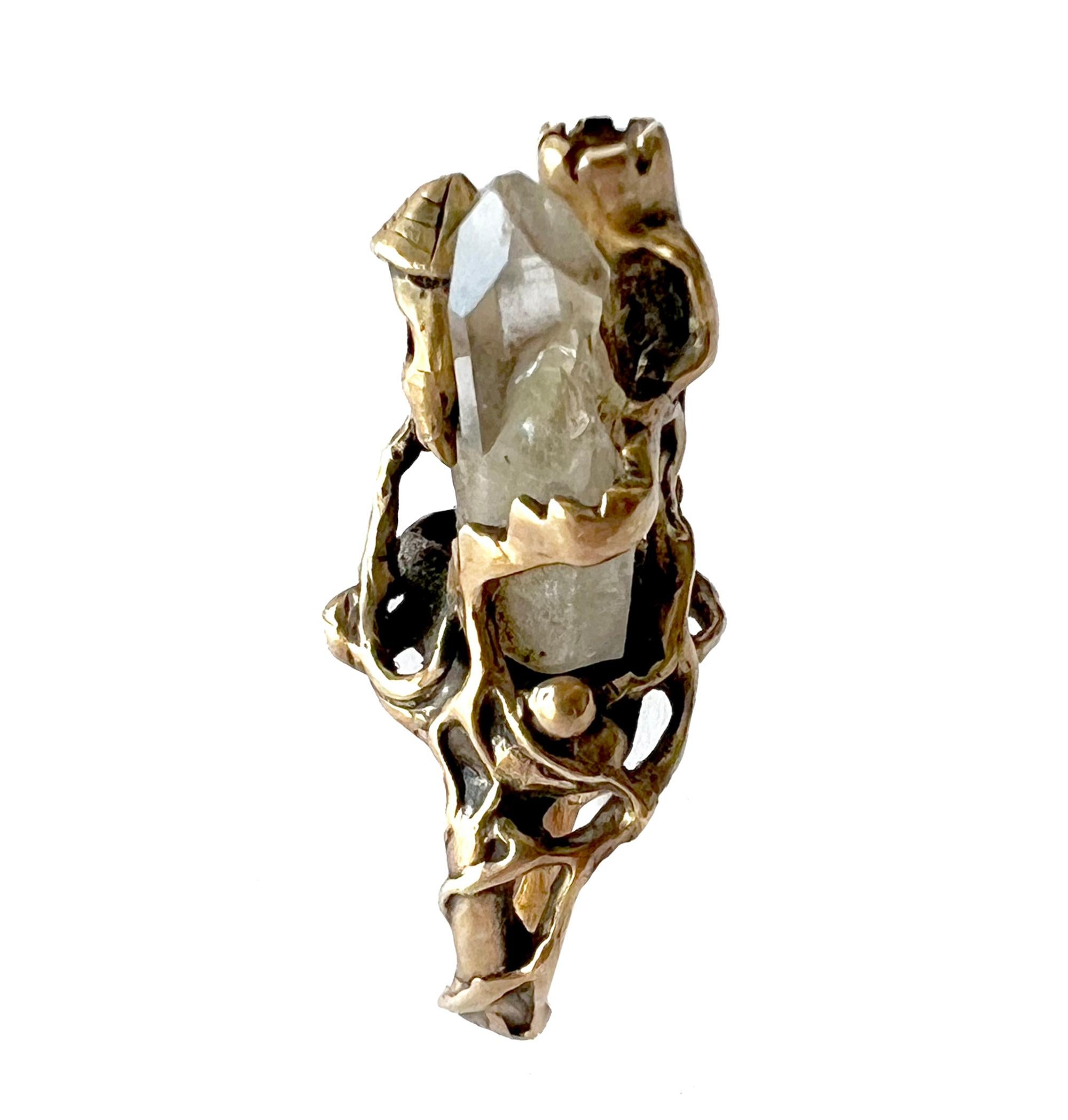 Artisan 14K Gold 1970s Mythical Castle on Raw Crystal Mountain Ring For Sale