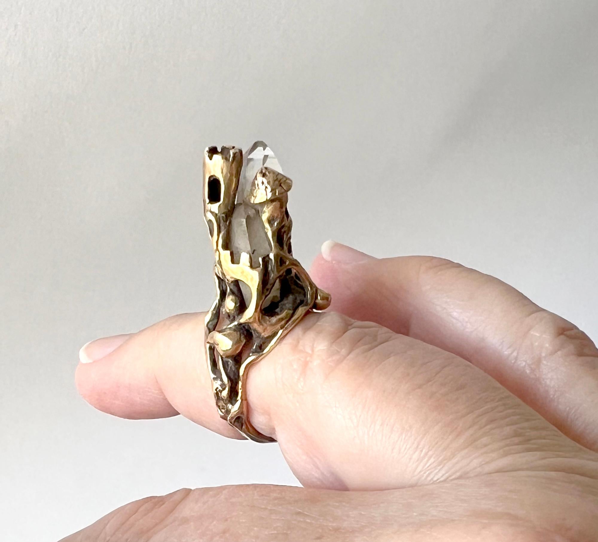 Uncut 14K Gold 1970s Mythical Castle on Raw Crystal Mountain Ring For Sale