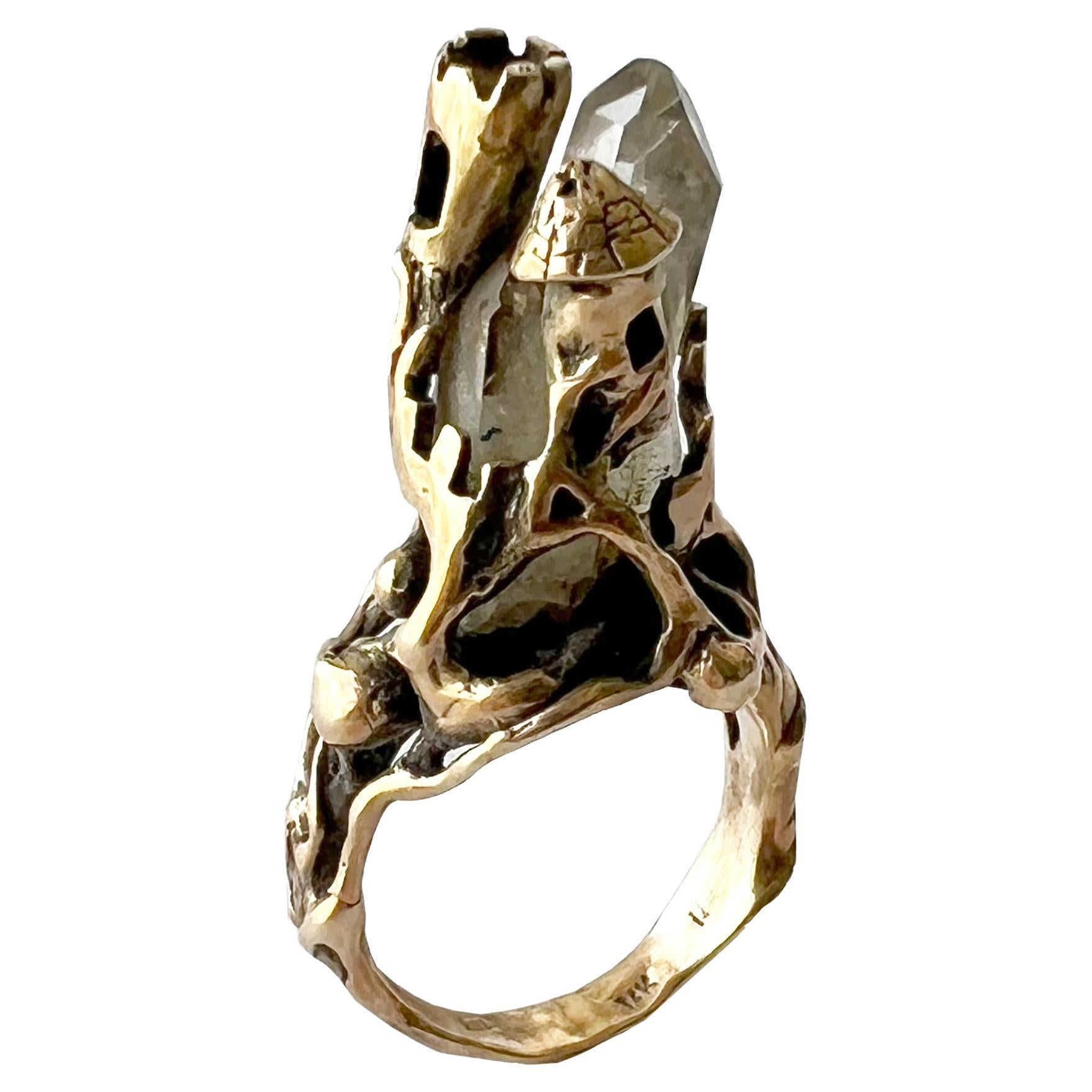 14K Gold 1970s Mythical Castle on Raw Crystal Mountain Ring For Sale