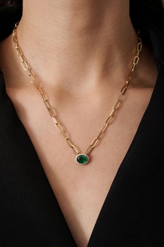 14K Gold 1.99ct Emerald Diamond Halo Pendant Necklace Modern Paperclip Chain