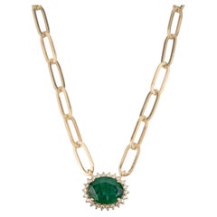 14K Gold 1.99ct Emerald Diamond Halo Pendant Necklace Modern Paperclip Chain