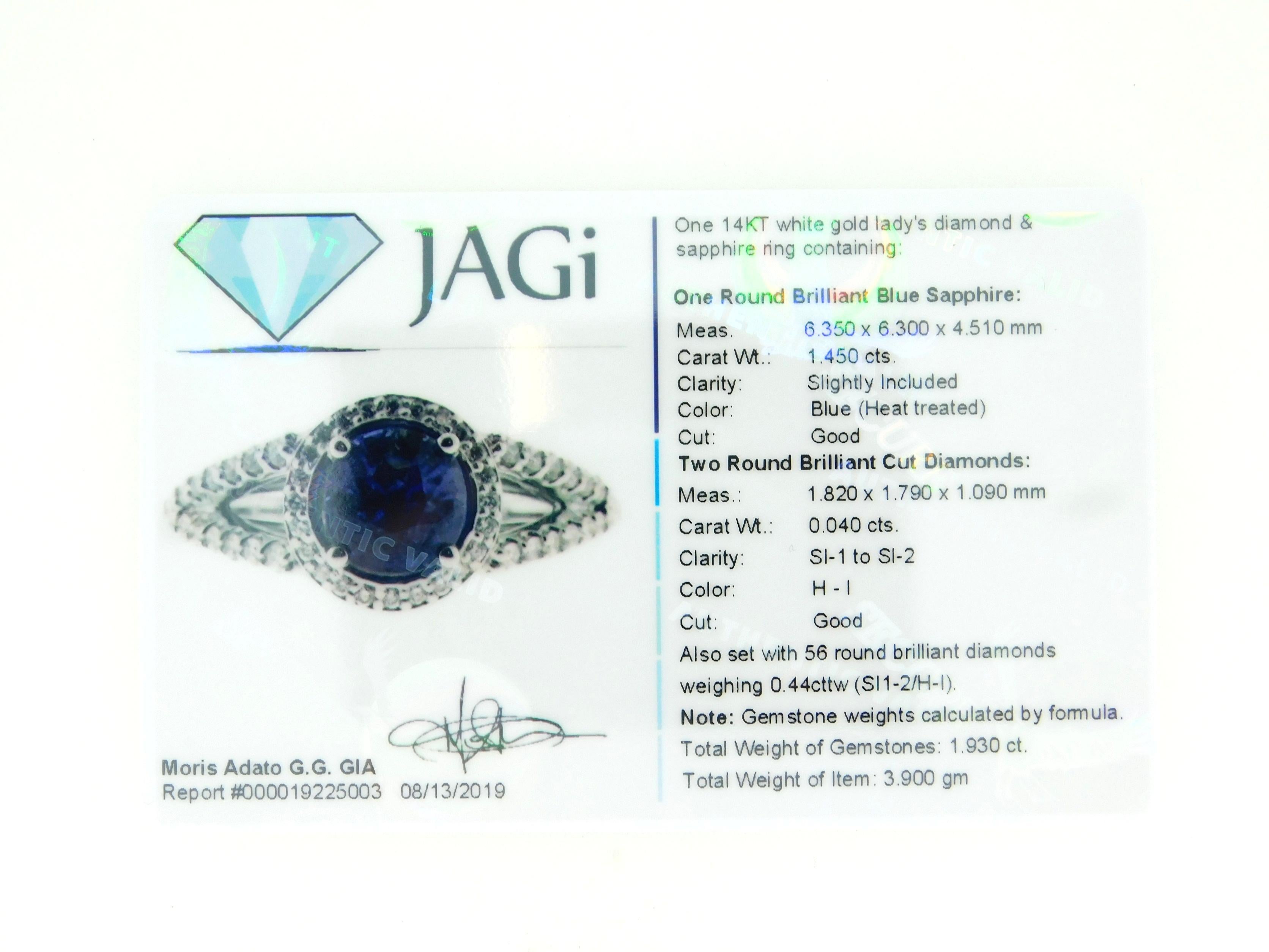 14k Gold 2 Carat Blue Genuine Natural Sapphire and Diamond Halo Ring '#J3800' For Sale 4