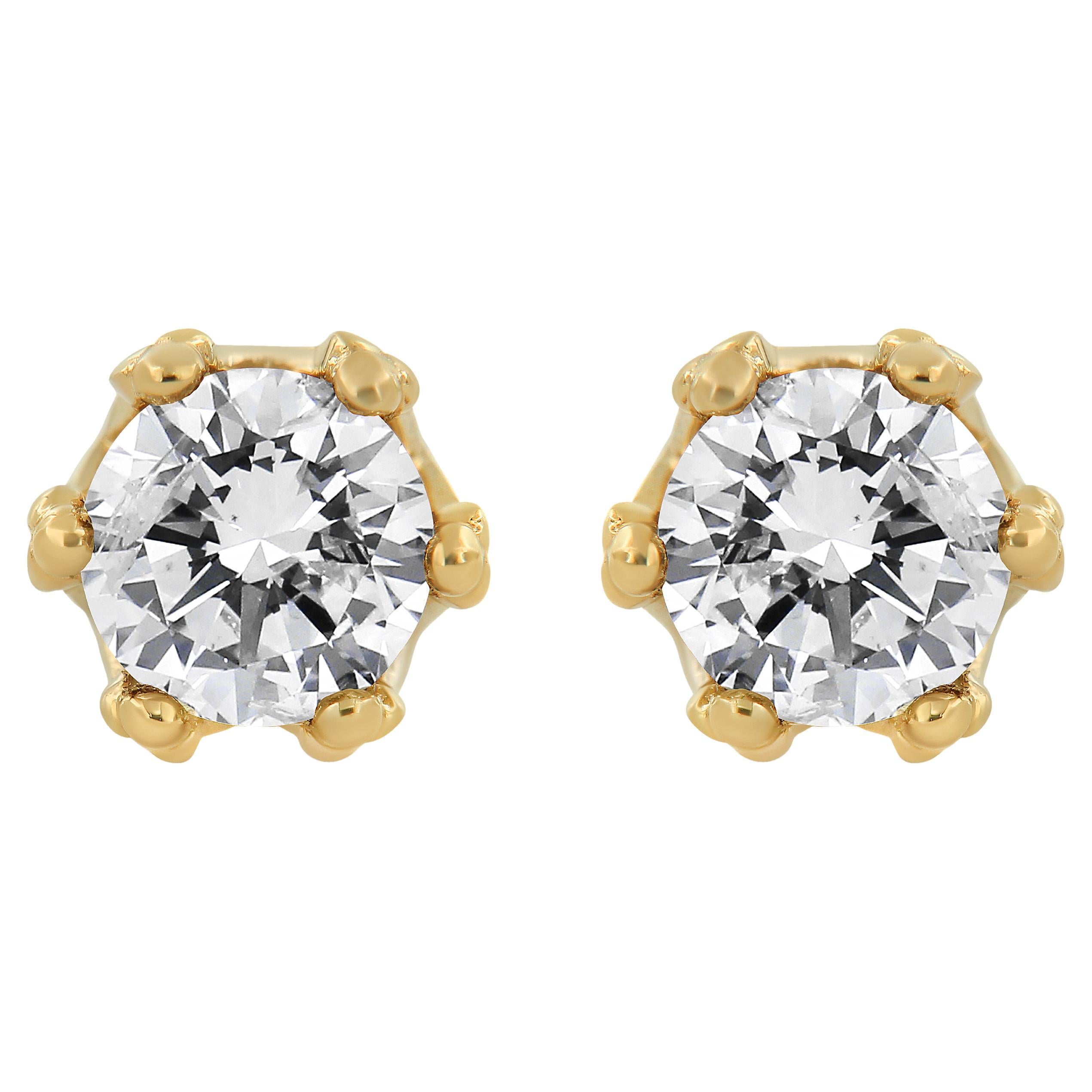 14K Yellow Gold 2.0 Carat Round Diamond Crown Stud Earrings For Sale