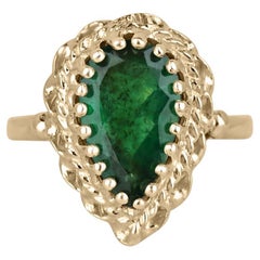 14K Gold 2,02 Karat Dunkelgrüner Smaragdring im Birnenschliff, Vintage-Stil Solitär