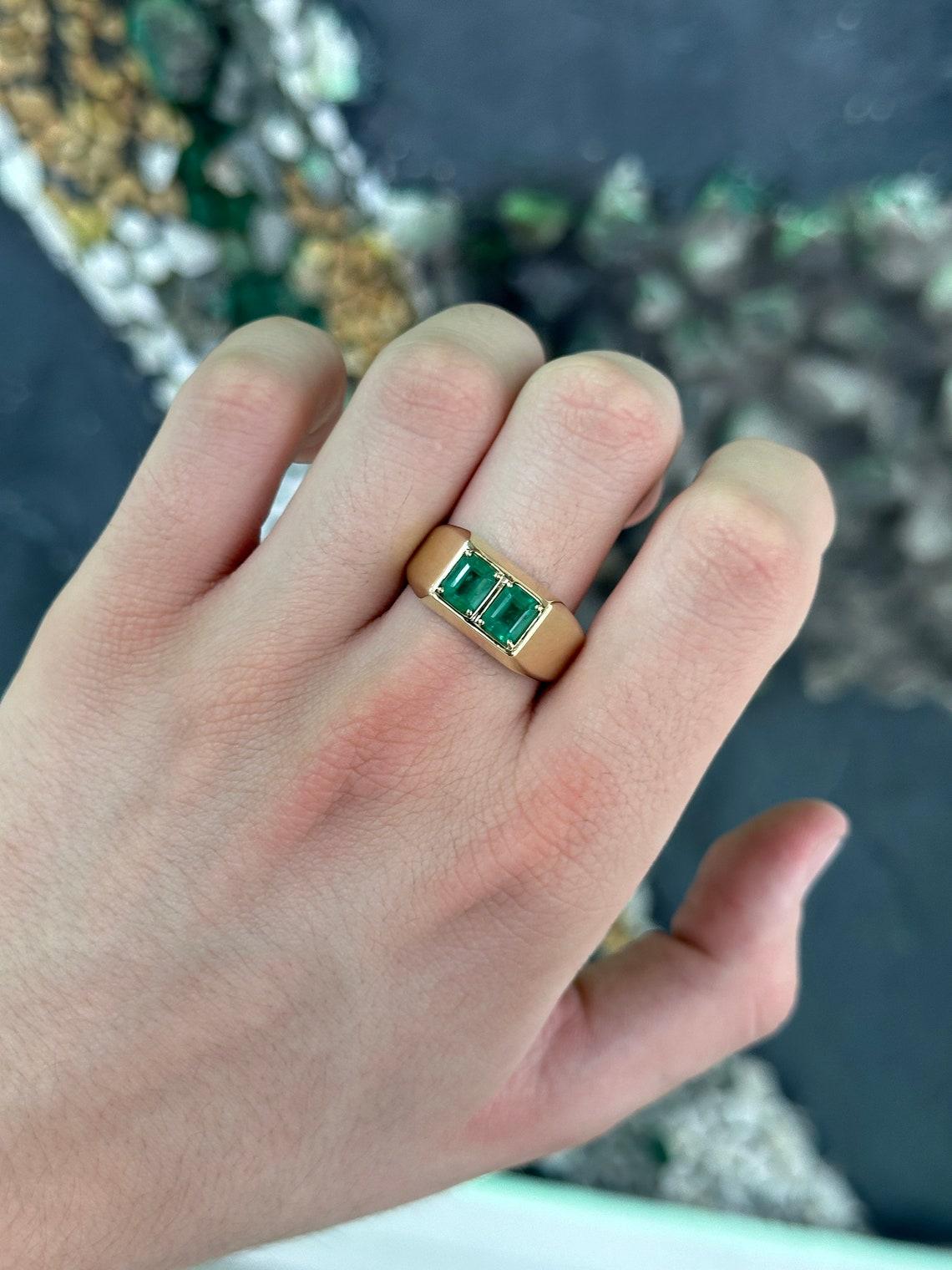 Art Deco 14K Gold 2.03tcw Emerald Cut Duo Men's Ring, Chunky Bezel Vertically Set Unisex For Sale