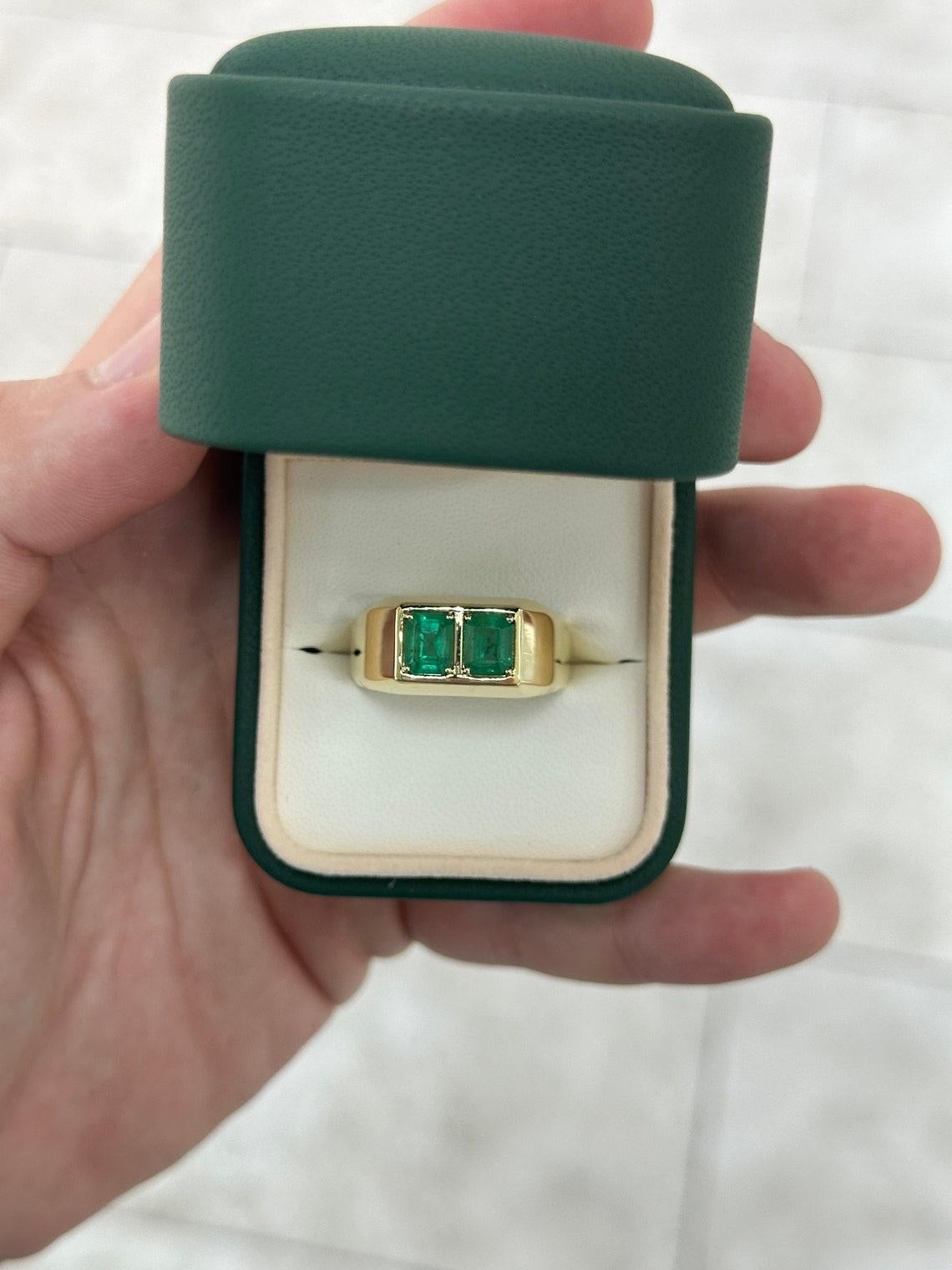 14K Gold 2.03tcw Emerald Cut Duo Men's Ring, Chunky Bezel Vertically Set Unisex For Sale 2