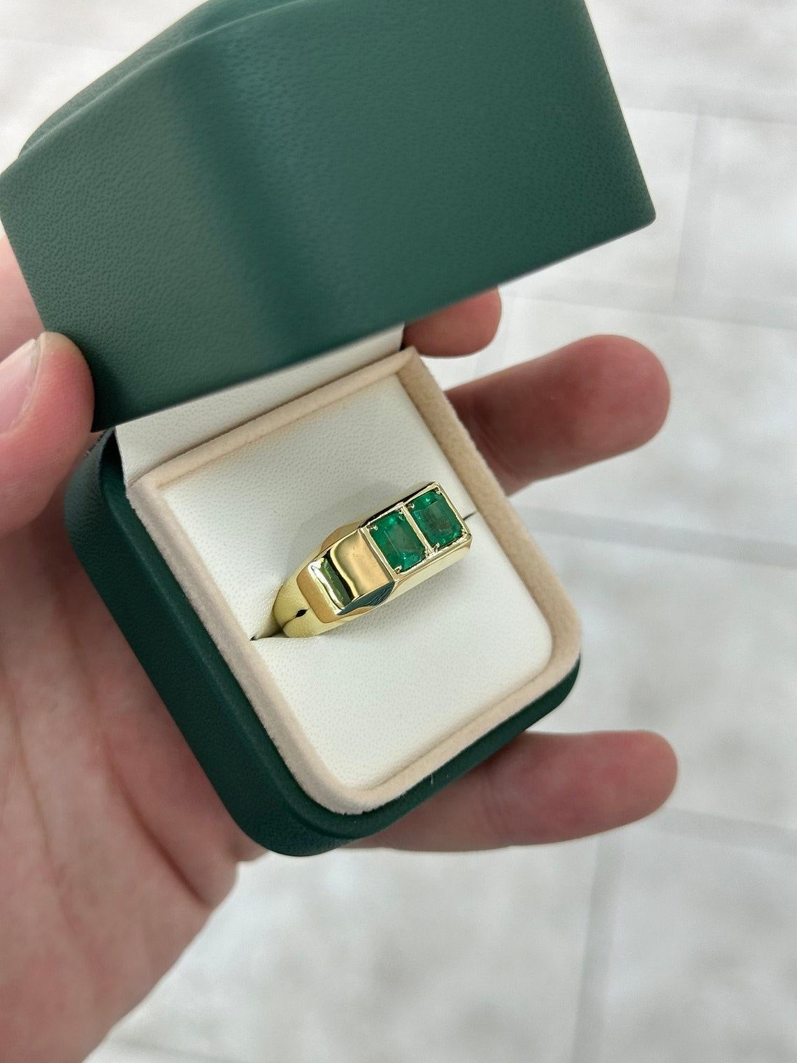 14K Gold 2.03tcw Emerald Cut Duo Men's Ring, Chunky Bezel Vertically Set Unisex For Sale 3