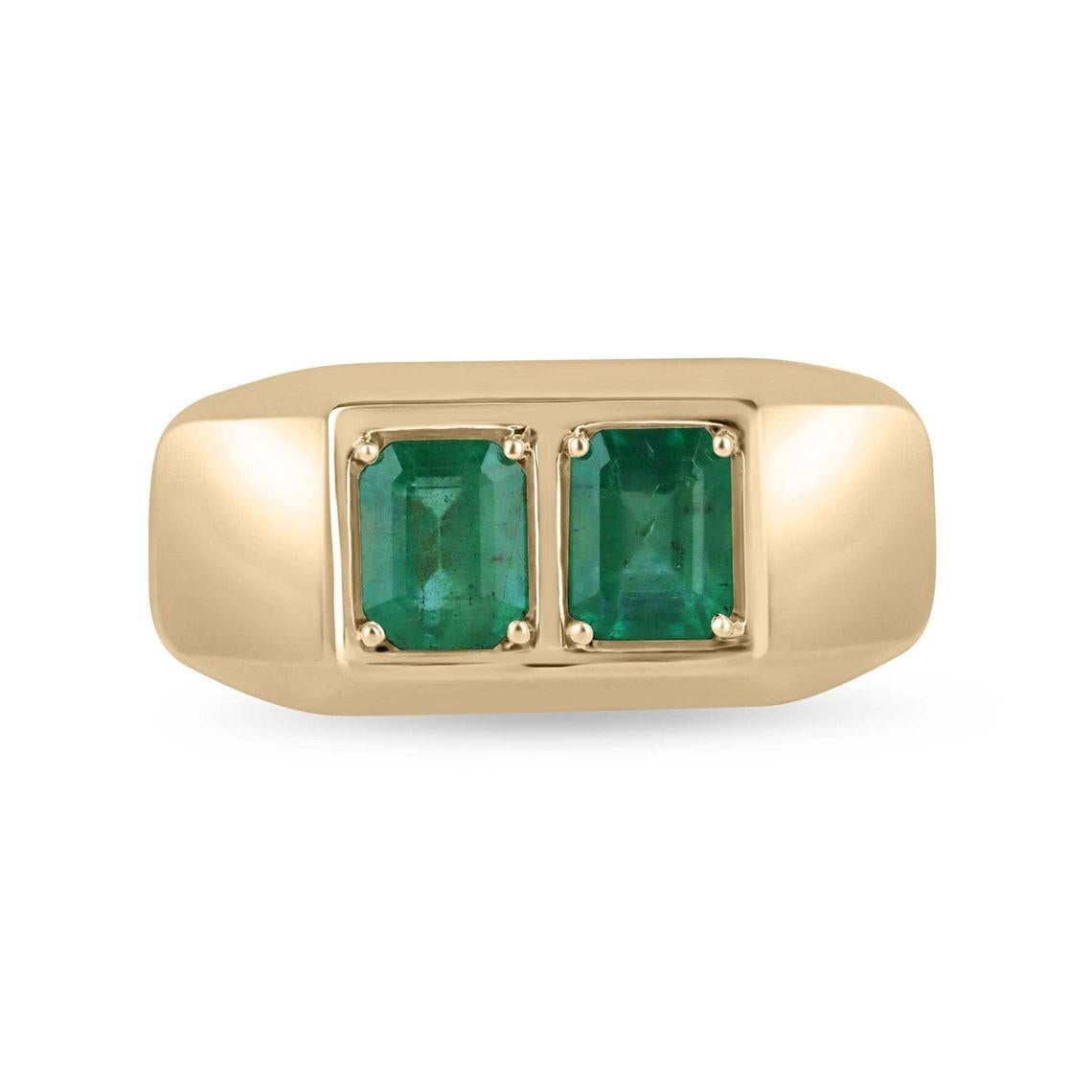 14K Gold 2.03tcw Emerald Cut Duo Men's Ring, Chunky Bezel Vertically Set Unisex For Sale