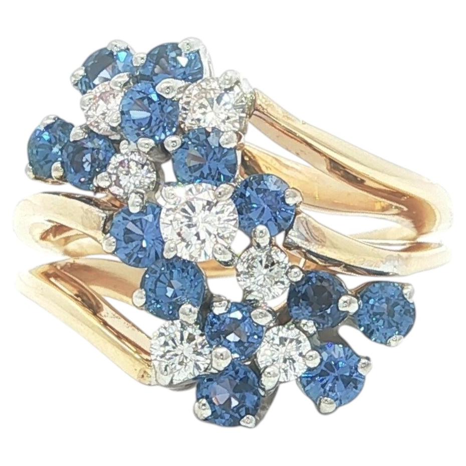 14k Gold 2.04ctw Cornflower Blue Sapphire & Diamond Flower Cluster Ring For Sale