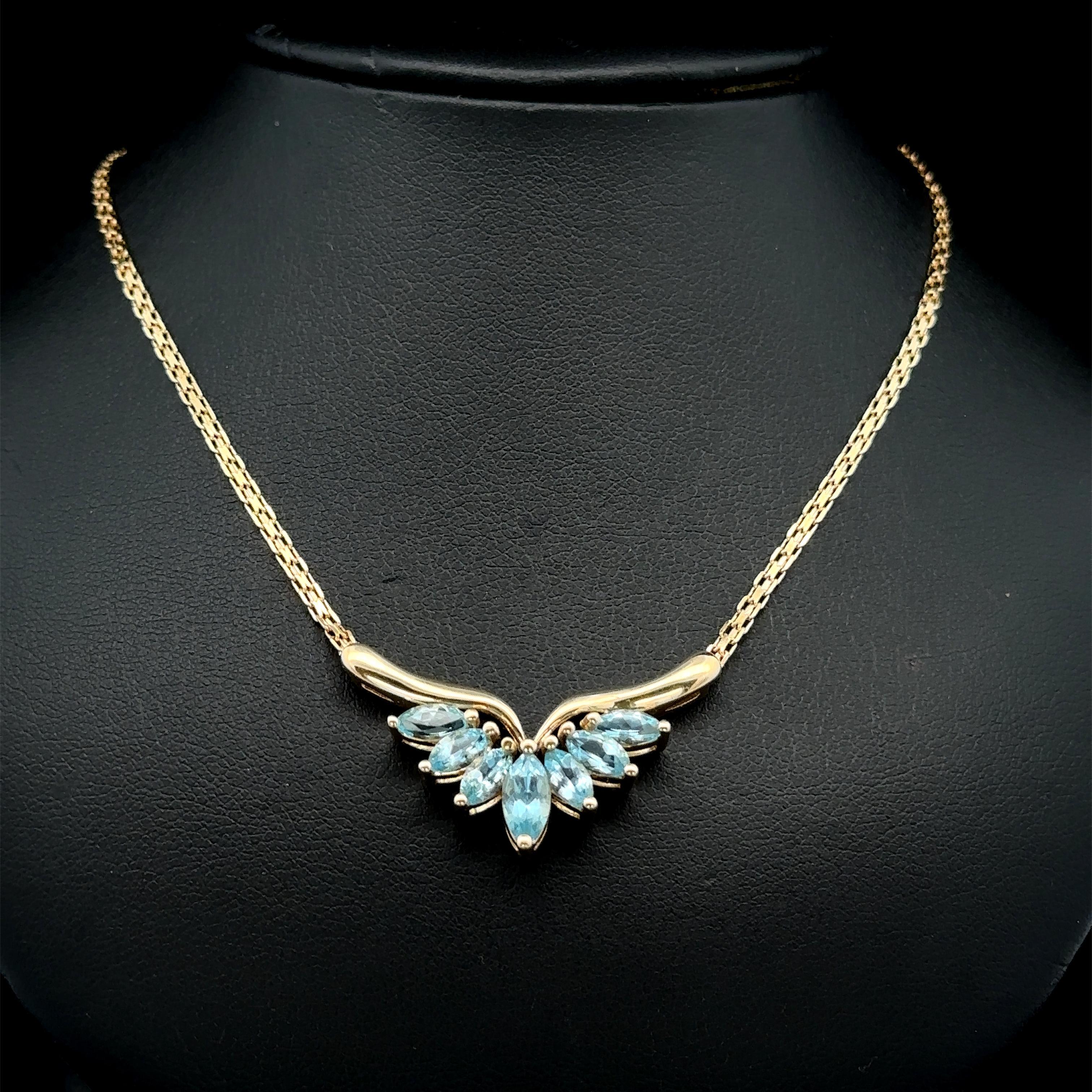 14k Gold 2.0ctw Marquise Swiss Blue Topaz V Spray Pendant Bismark Chain Necklace In Excellent Condition In Montclair, NJ
