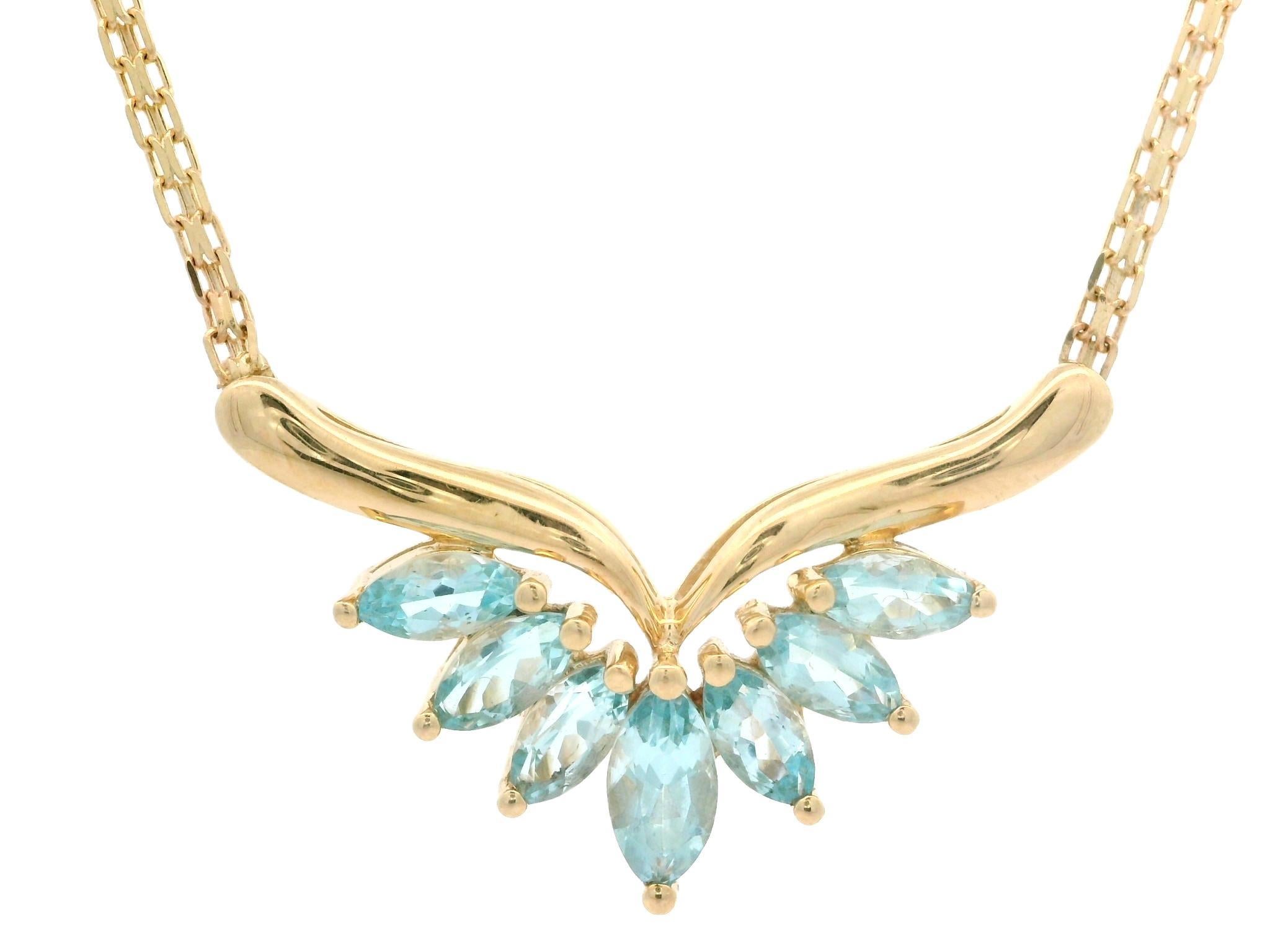 Women's 14k Gold 2.0ctw Marquise Swiss Blue Topaz V Spray Pendant Bismark Chain Necklace