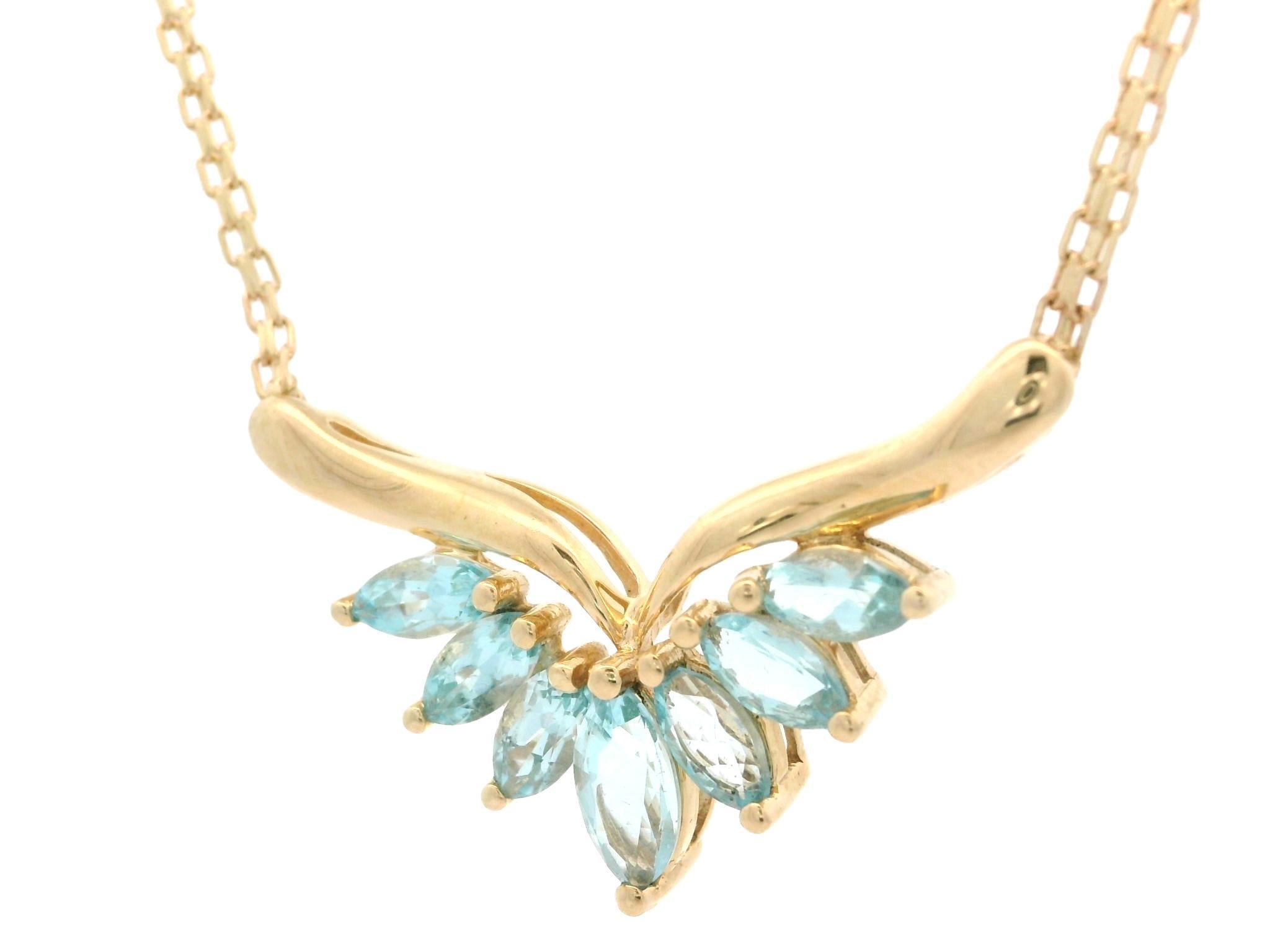 14k Gold 2.0ctw Marquise Swiss Blue Topaz V Spray Pendant Bismark Chain Necklace 2