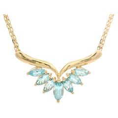 14k Gold 2.0ctw Marquise Swiss Blue Topaz V Spray Pendant Bismark Chain Necklace