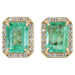 14K Gold 2.10tcw Natürlicher Smaragd & VS Diamant Halo Ohrstecker 9x7mm Classic