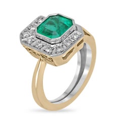 14K Gold 2.14tcw Asscher Cut Emerald & Diamond Ring, Bezel Set Medium Green