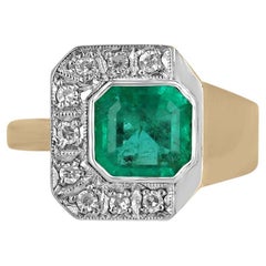 14K Gold 2.14tcw Asscher Cut Emerald & Diamond Ring, Bezel Set Medium Green