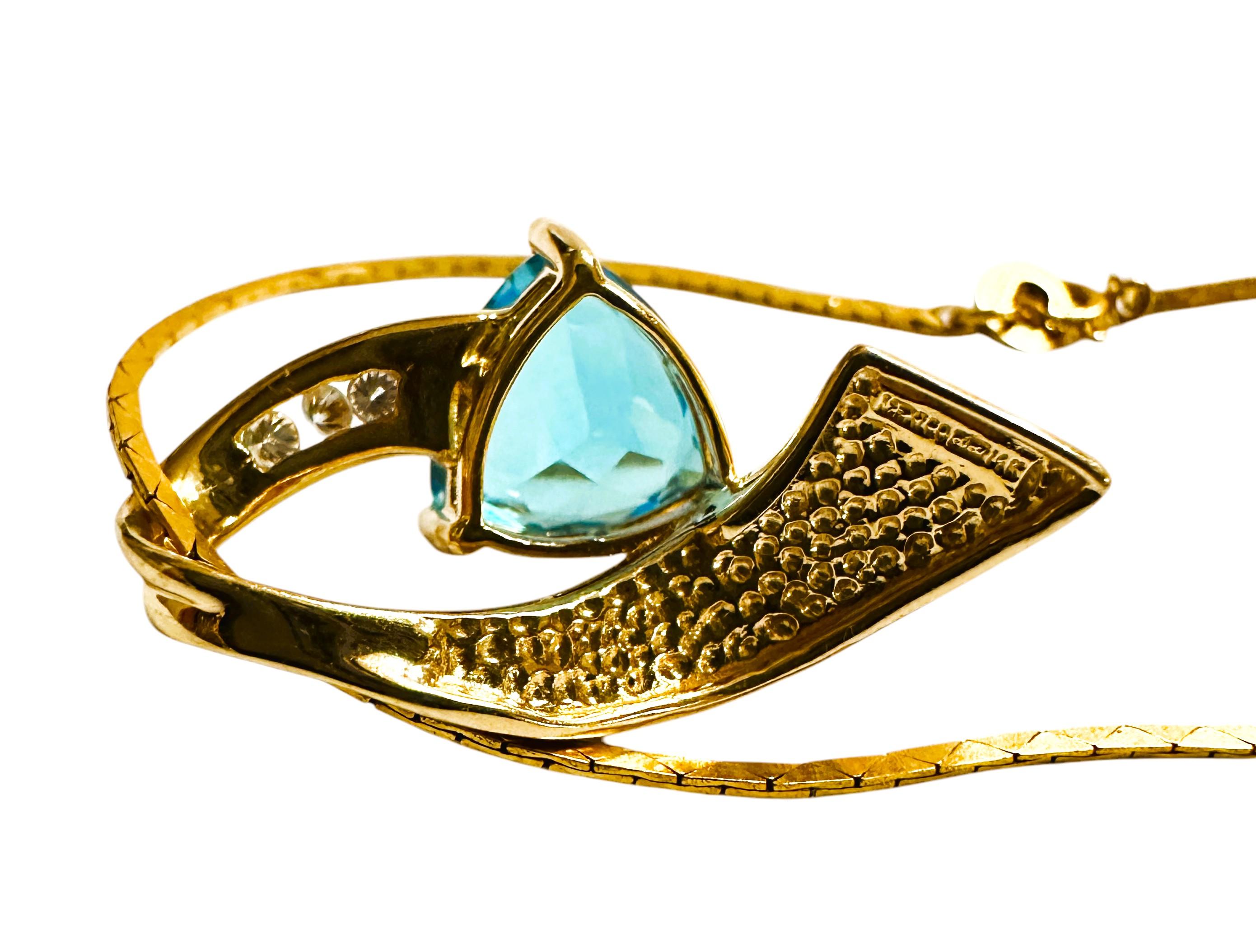14k Gold 2.25 Carat Trillion Blue Topaz & Diamond Pendant Necklace 18