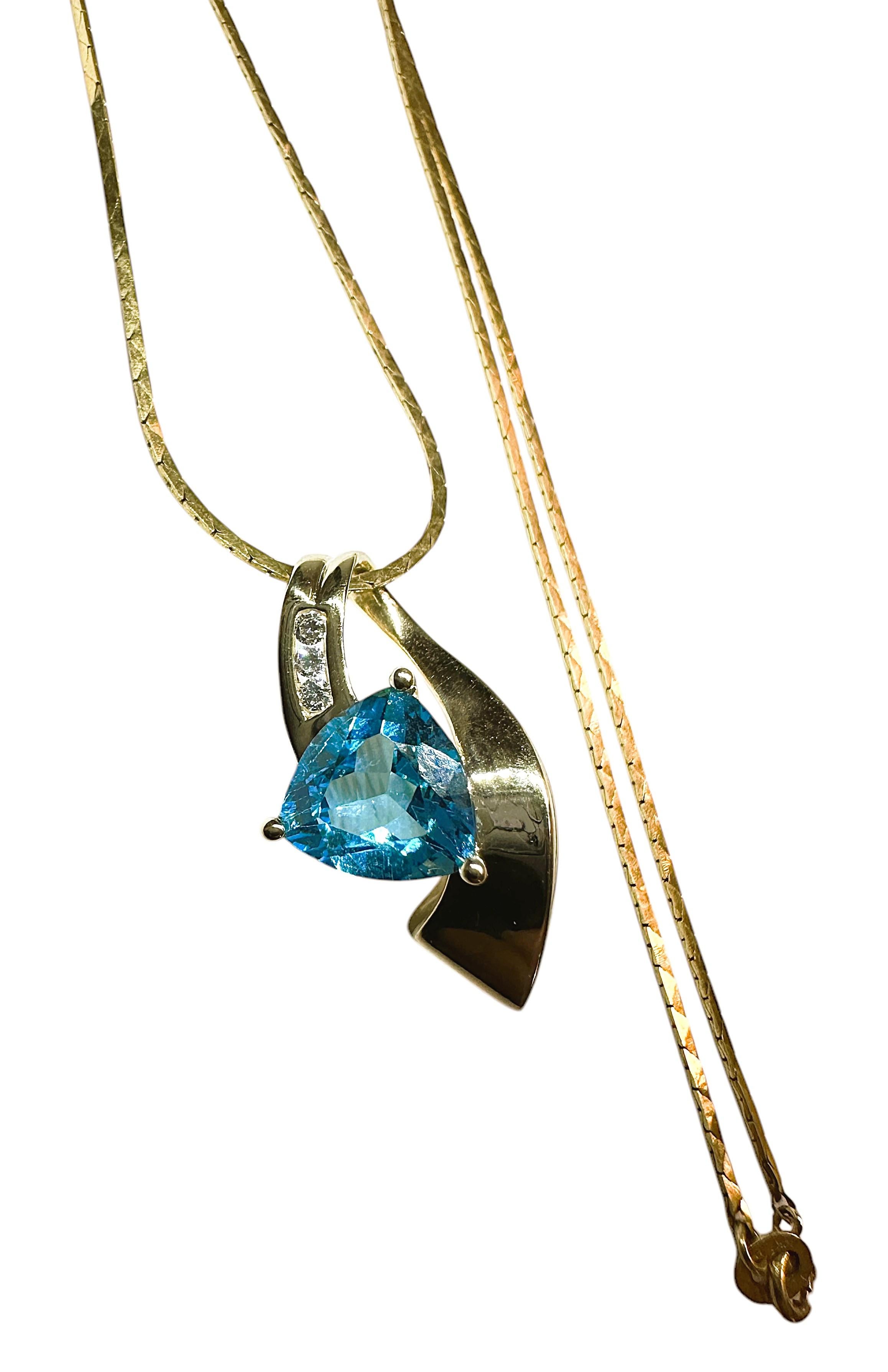 14k Gold 2.25 Carat Trillion Blue Topaz & Diamond Pendant Necklace 18