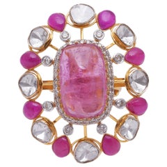 14k gold 2.33cts Polki Diamond & 0.62cts diamond & 12.89cts Ruby Light Ring