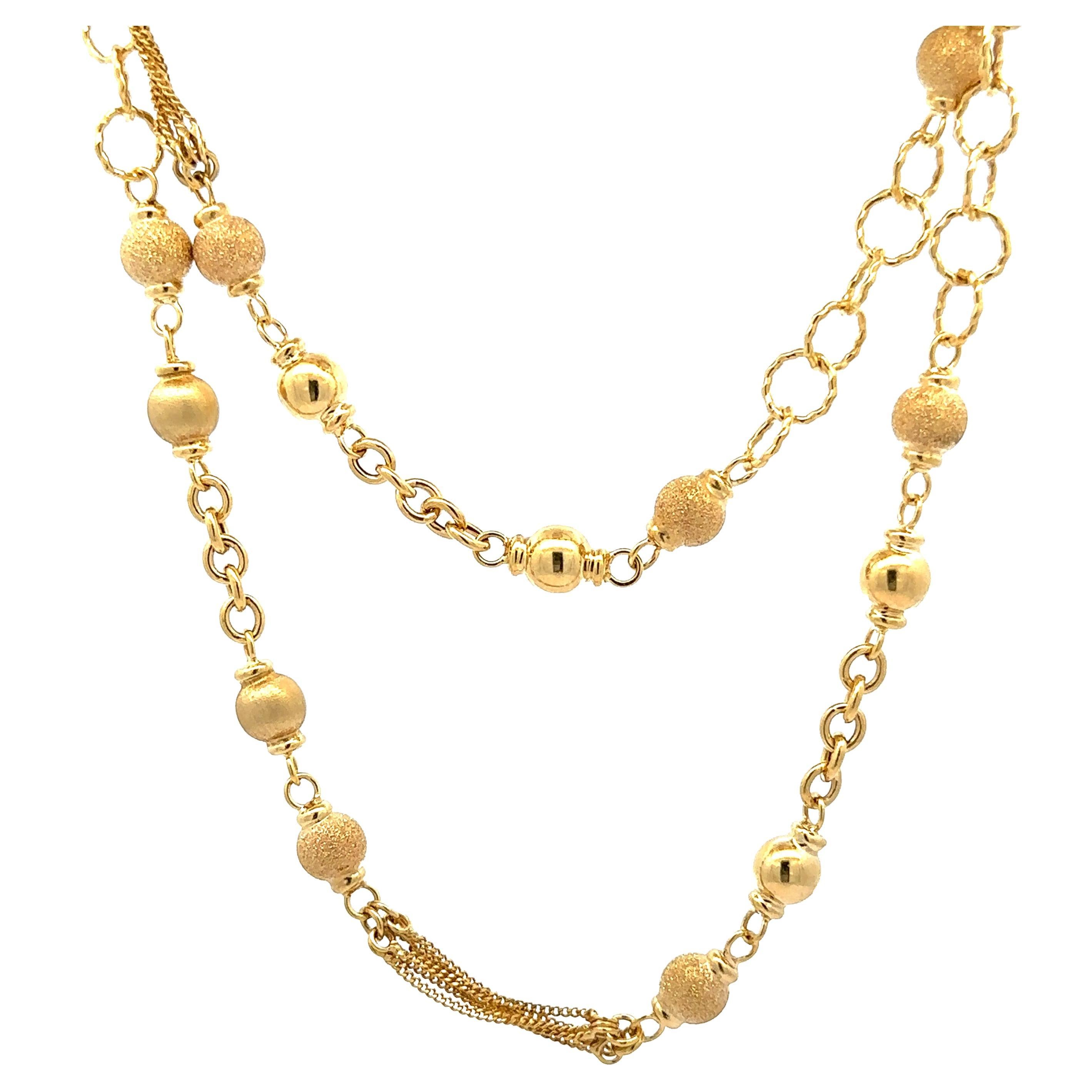 14k Gold 24" Textured Beads Multi Chain Curb Link Sections Unique Chain Necklace For Sale