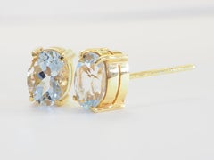 14K Gold 2.40ct Oval Icy Blue Aquamarine Fine Stud Earrings
