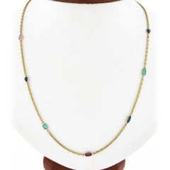 14k Gold 24.7" Long Multicolor Gemstone By the Yard Beveled Cable Chain Necklace