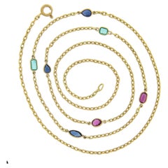 14k Gold 24.7" Long Multicolor Gemstone By the Yard Beveled Cable Chain Necklace