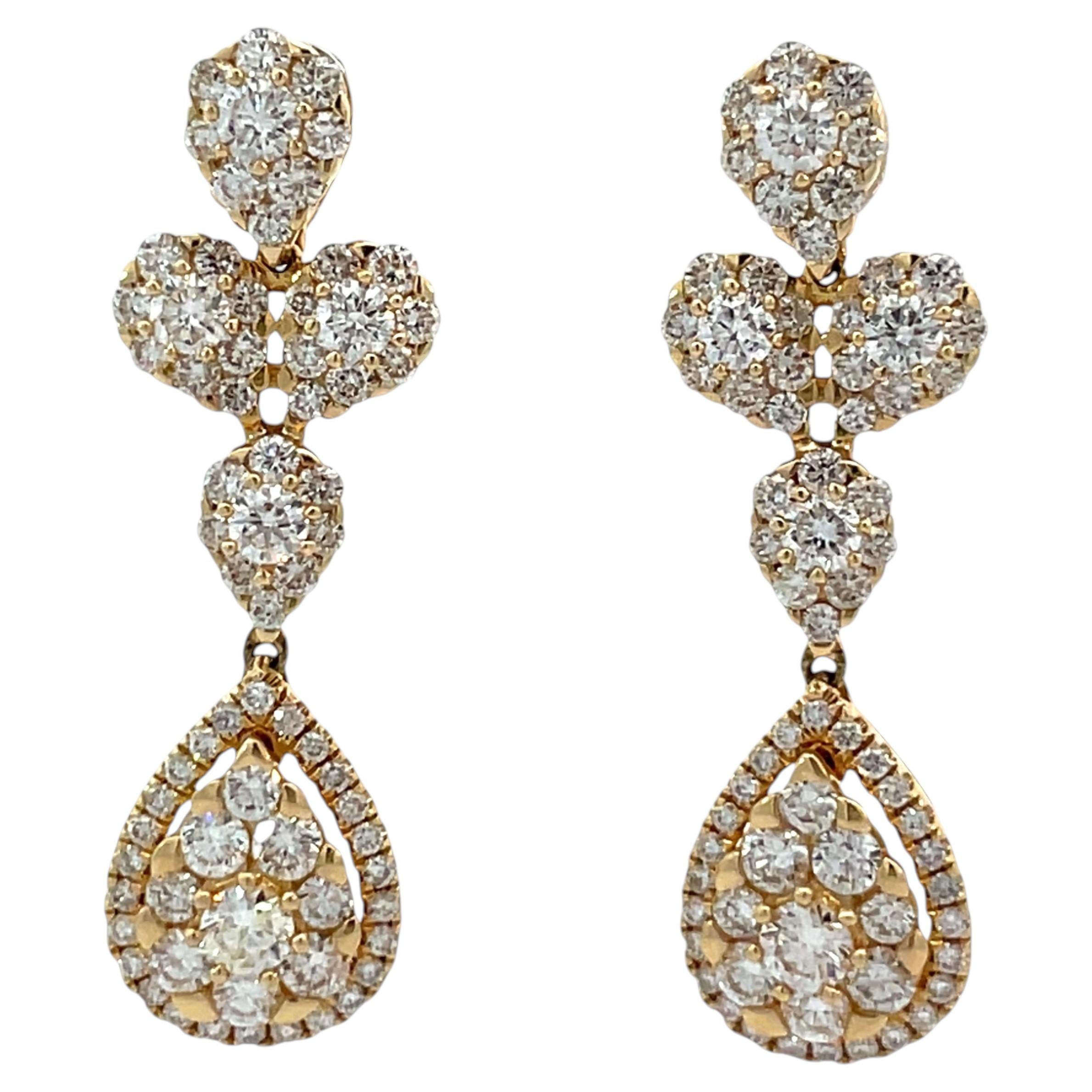 Elegant 14K Yellow Gold Dangle Earrings with 2.50 Carat Diamonds