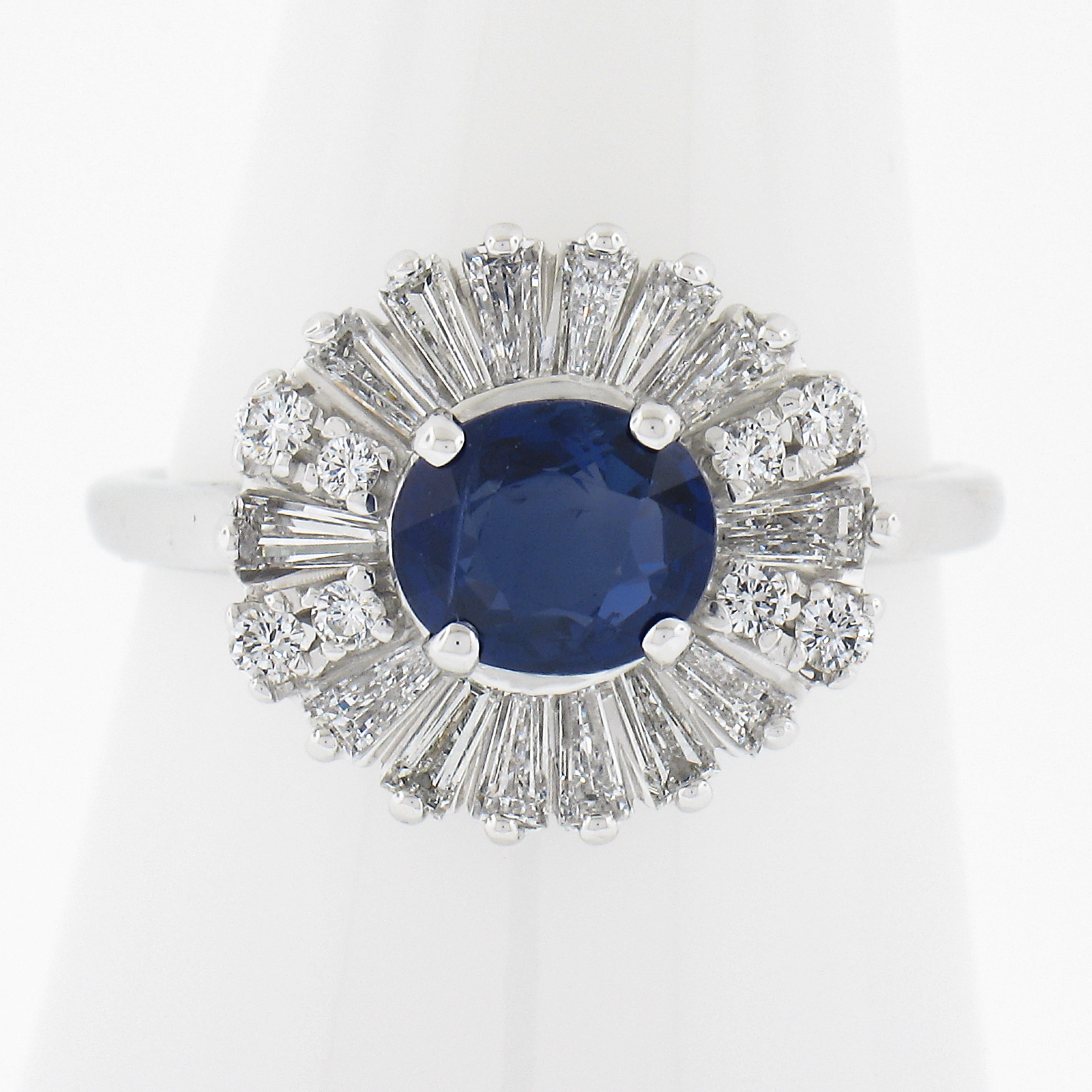 --Stone(s):--
(1) Natural Genuine Sapphire - Oval Brilliant Cut - Royal Blue Color - Burma - NO HEAT - 1.42ct (exact - certified)
** See Certification Details Below For More Info **
(14) Natural Genuine Diamonds - Tapered Baguette Cut - Prong Set -