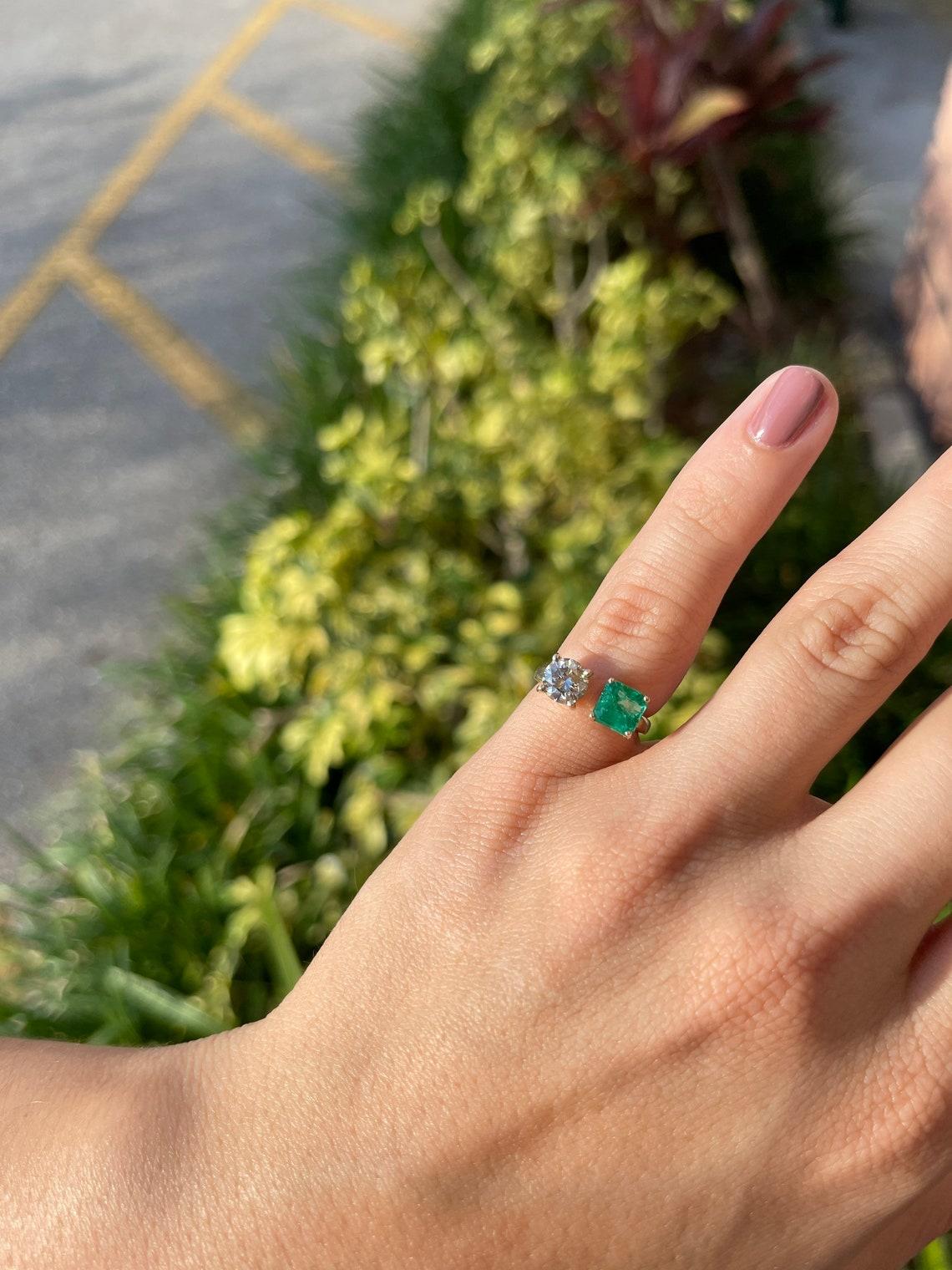 Emerald Cut 14K Gold 2.54tcw Zambian Emerald & Diamond Cuff Ring, Toi et Moi Statement Ring For Sale