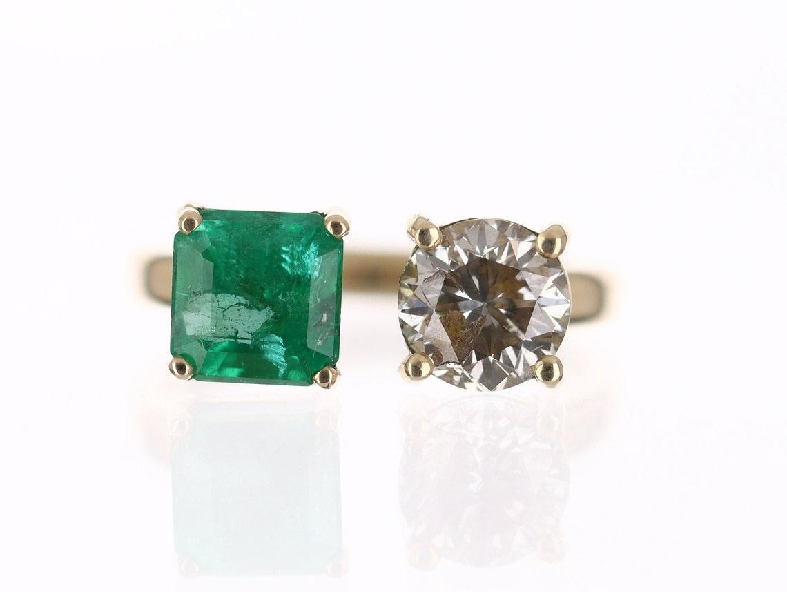 14K Gold 2.54tcw Zambian Emerald & Diamond Cuff Ring, Toi et Moi Statement Ring For Sale
