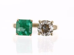 14K Gold 2.54tcw Zambian Emerald & Diamond Cuff Ring, Toi et Moi Statement Ring