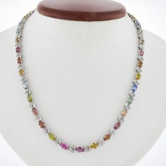 14k Gold 25.56ctw Multicolor Sapphire & Diamond 17" Line Link Chain Necklace