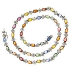 14k Gold 25.56ctw Multicolor Sapphire & Diamond 17" Line Link Chain Necklace