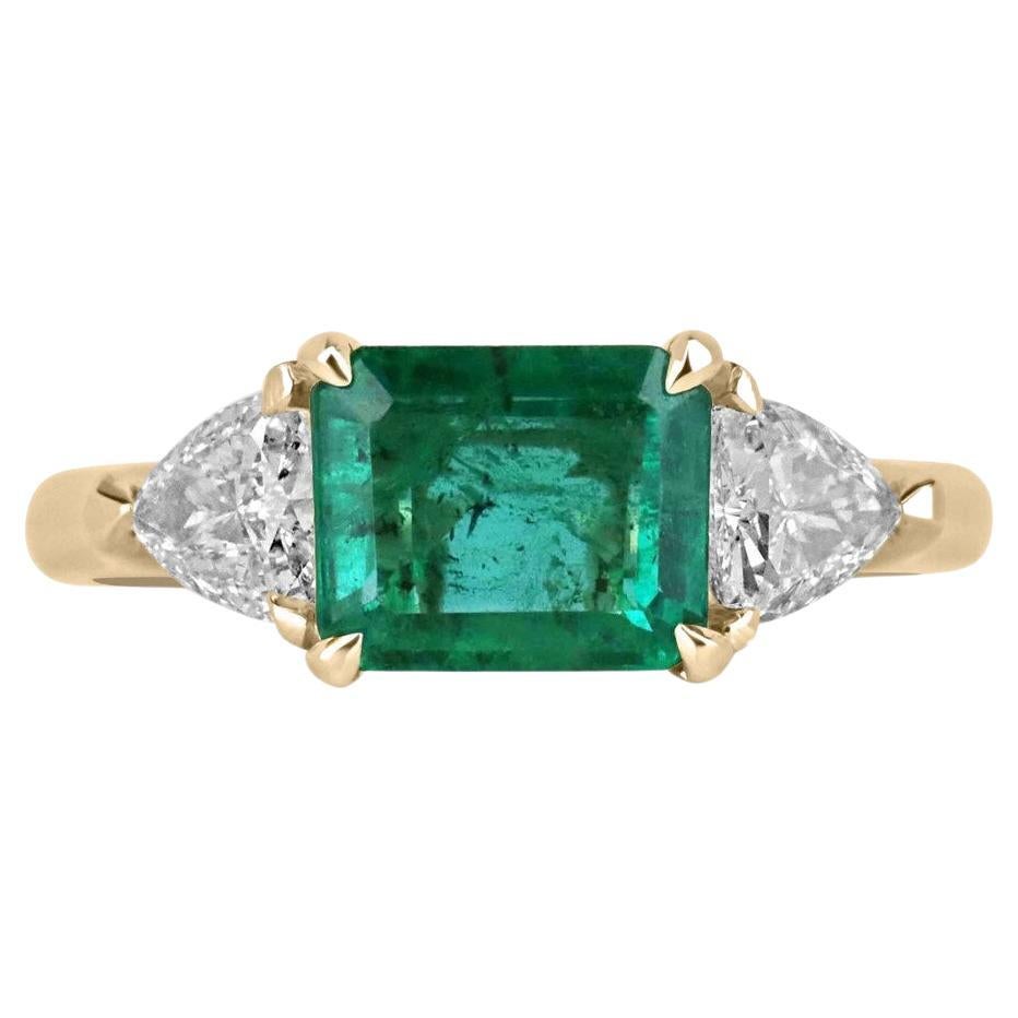 14K Gold 2.58tcw Emerald & Trillion Diamond Ring, East-West Three Stone