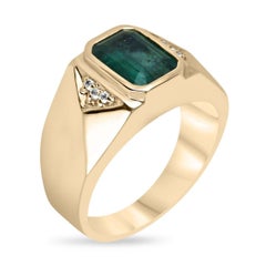 14K Gold 2.73tcw Emerald Cut Emerald & Diamond Men's Ring, Dark Green Vertical