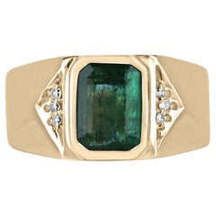 14K Gold 2,73tcw Smaragdschliff Smaragd & Diamant Herrenring, dunkelgrüner vertikaler Vertikaler Ring