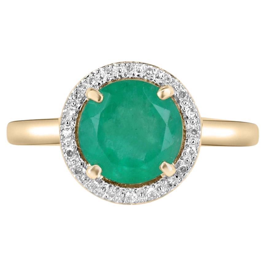 14K Gold 2.80tcw Round Cut Colombian Emerald & Diamond Halo Ring, Floral Prong