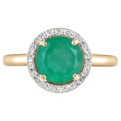 Anello aureola con smeraldo colombiano e diamante taglio rotondo in oro 14K da 2,80tcw, con punte floreali