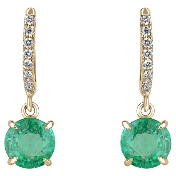 14K Gold 2.80tcw Round Emerald & Diamond Huggie Dangle Earrings, Vivid Green