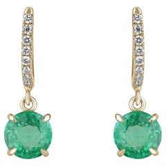 14K Gold 2.80tcw Round Emerald & Diamond Huggie Dangle Earrings, Vivid Green