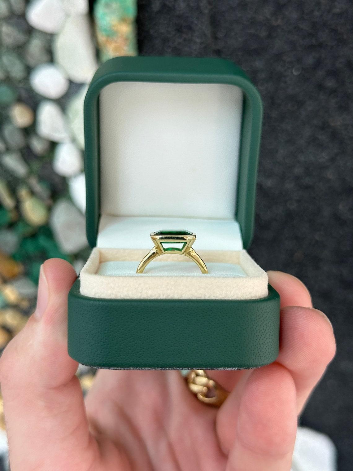 14K Gold 2.90cts Bezel Set Emerald Solitaire Ring, East-West Emerald Cut Design 2