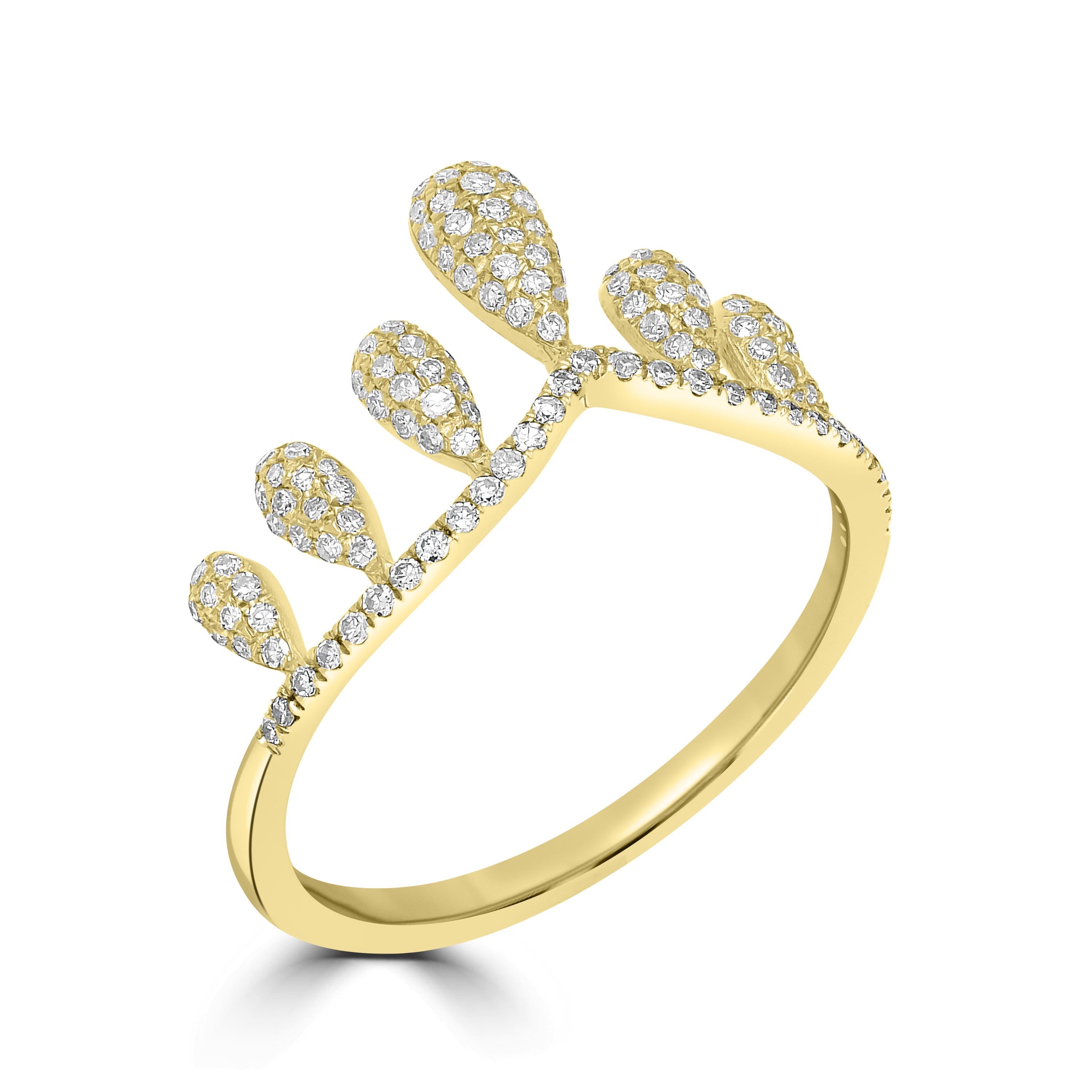 This stunning crown diamond ring is made in 14K Yellow Gold and is steeped in grace. This Luxle ring is set with 0.38 Cts round single-cut diamonds and is framed in a crown style to sparkle on your fingers. This ring's crown features exquisite