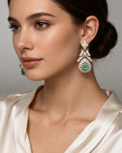 14K Gold 3 Carat Diamond & 1.50 CTW Emerald Drop Earrings