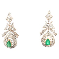 14K Gold 3 Carat Diamond & 1.50 CTW Emerald Drop Earrings
