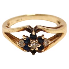 14k Gold 3 Natural Diamond and 5 Blue Sapphire Flower Ring Circa 1960s