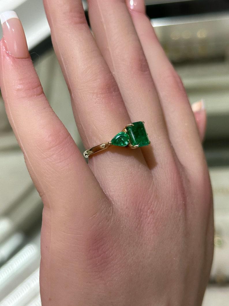 Asscher Cut 14K Gold 3.08tcw Asscher & Pear Cut Emerald Ring - Dark Green Trilogy Ring For Sale