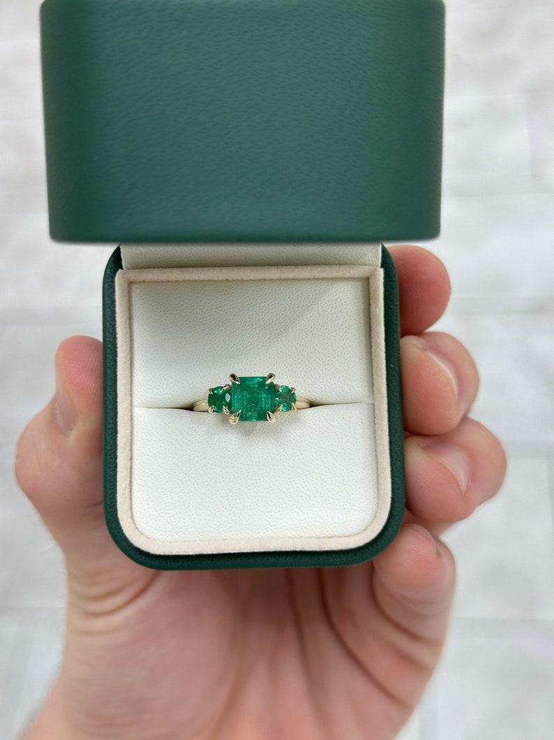 Women's 14K Gold 3.08tcw Asscher & Pear Cut Emerald Ring - Dark Green Trilogy Ring For Sale