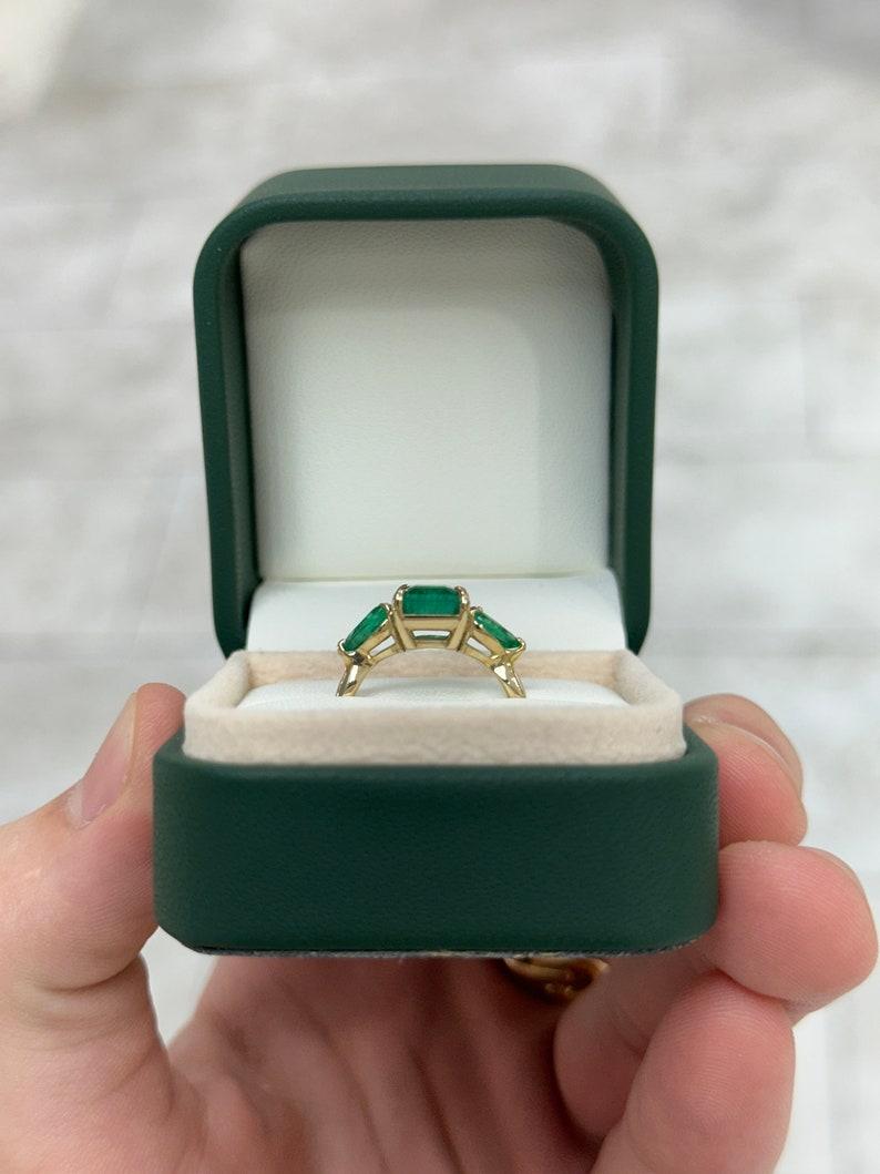 14K Gold 3.08tcw Asscher & Pear Cut Emerald Ring - Dark Green Trilogy Ring For Sale 2