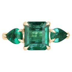 14K Gold 3.08tcw Asscher & Pear Cut Emerald Ring - Dark Green Trilogy Ring